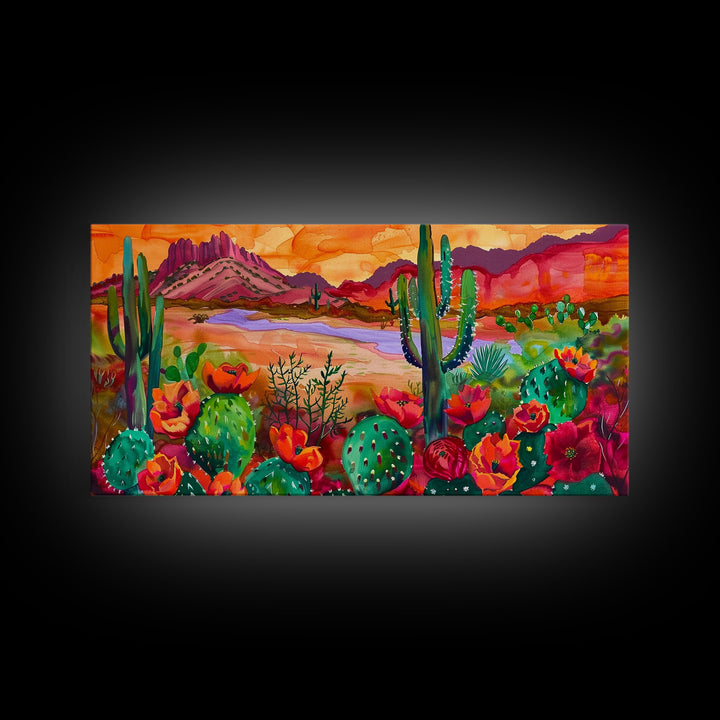 Majestic Cacti and Mountains at Sunset, Captivating Framed Canvas Print for Bedroom, Southwestern Style Wall Art, Nature Scene