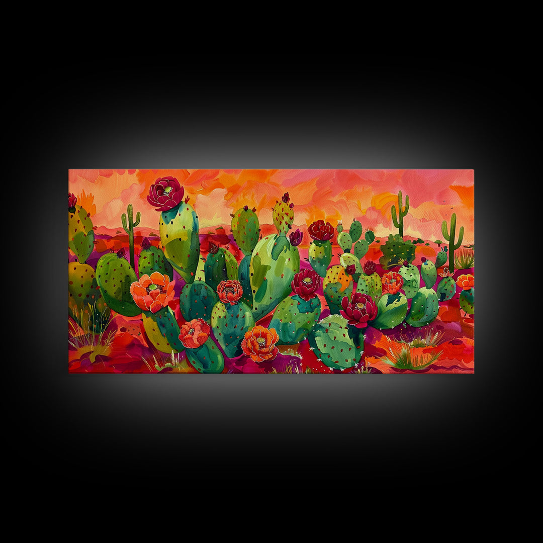 Bright Desert Flowers and Cacti with Mountains, Vibrant Framed Canvas Print for Home, Boho Wall Art, Nature Lover's Decor