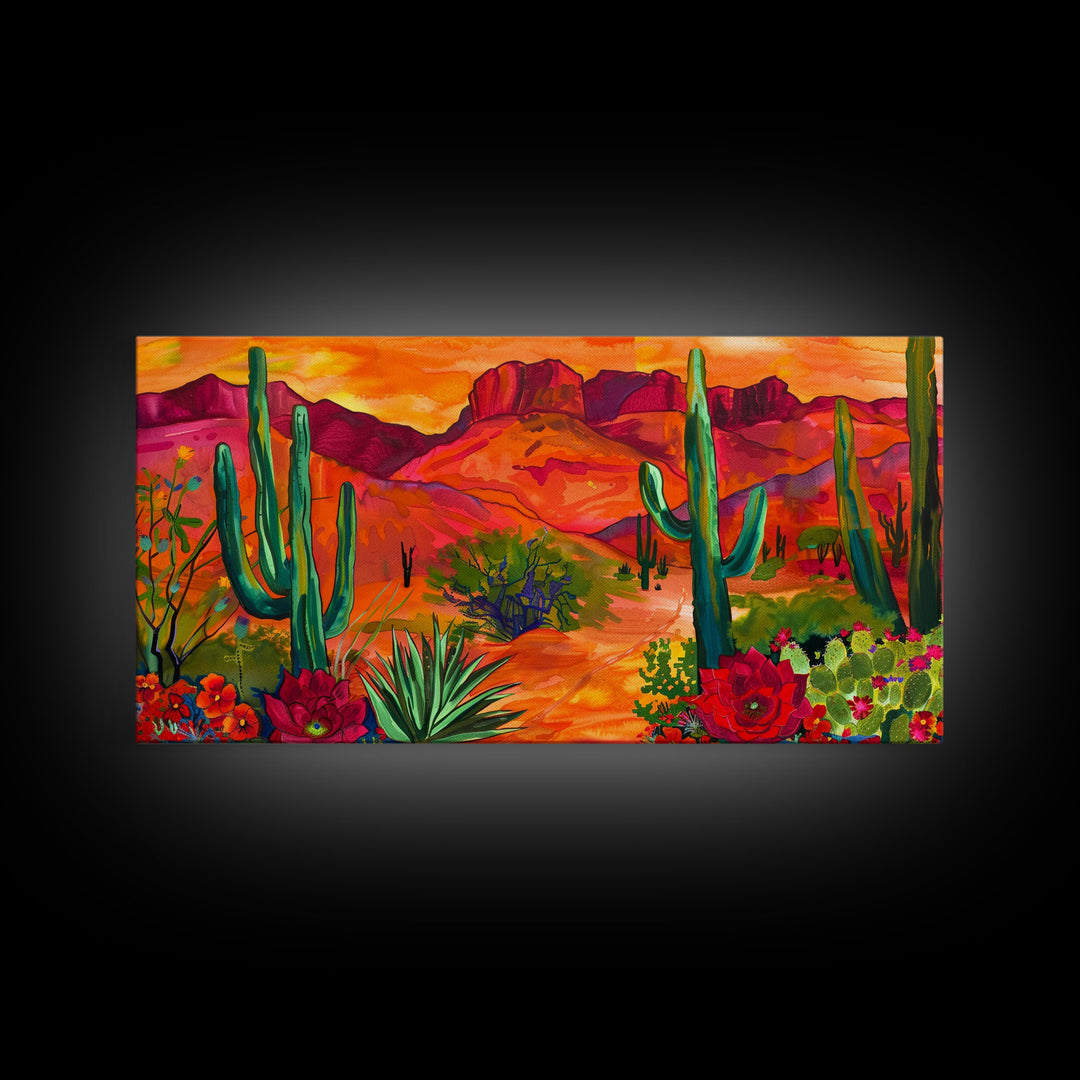 Colorful Desert Landscape with Cacti and Mountains, Stunning Framed Canvas Print for Living Room, Boho Wall Art, Nature Decor