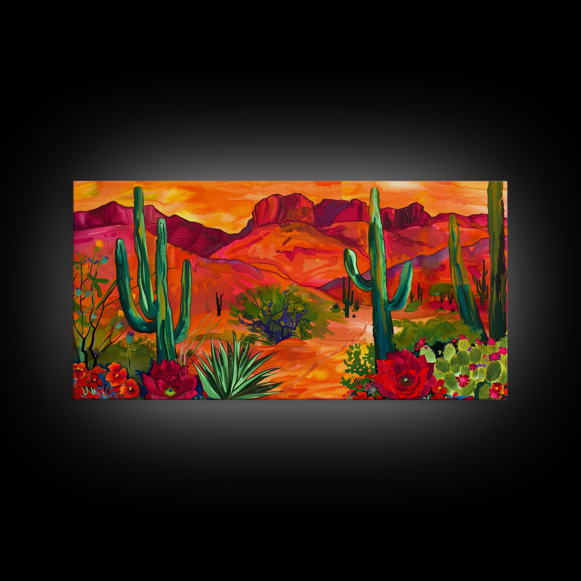 Colorful Desert Landscape with Cacti and Mountains, Stunning Framed Canvas Print for Living Room, Boho Wall Art, Nature Decor