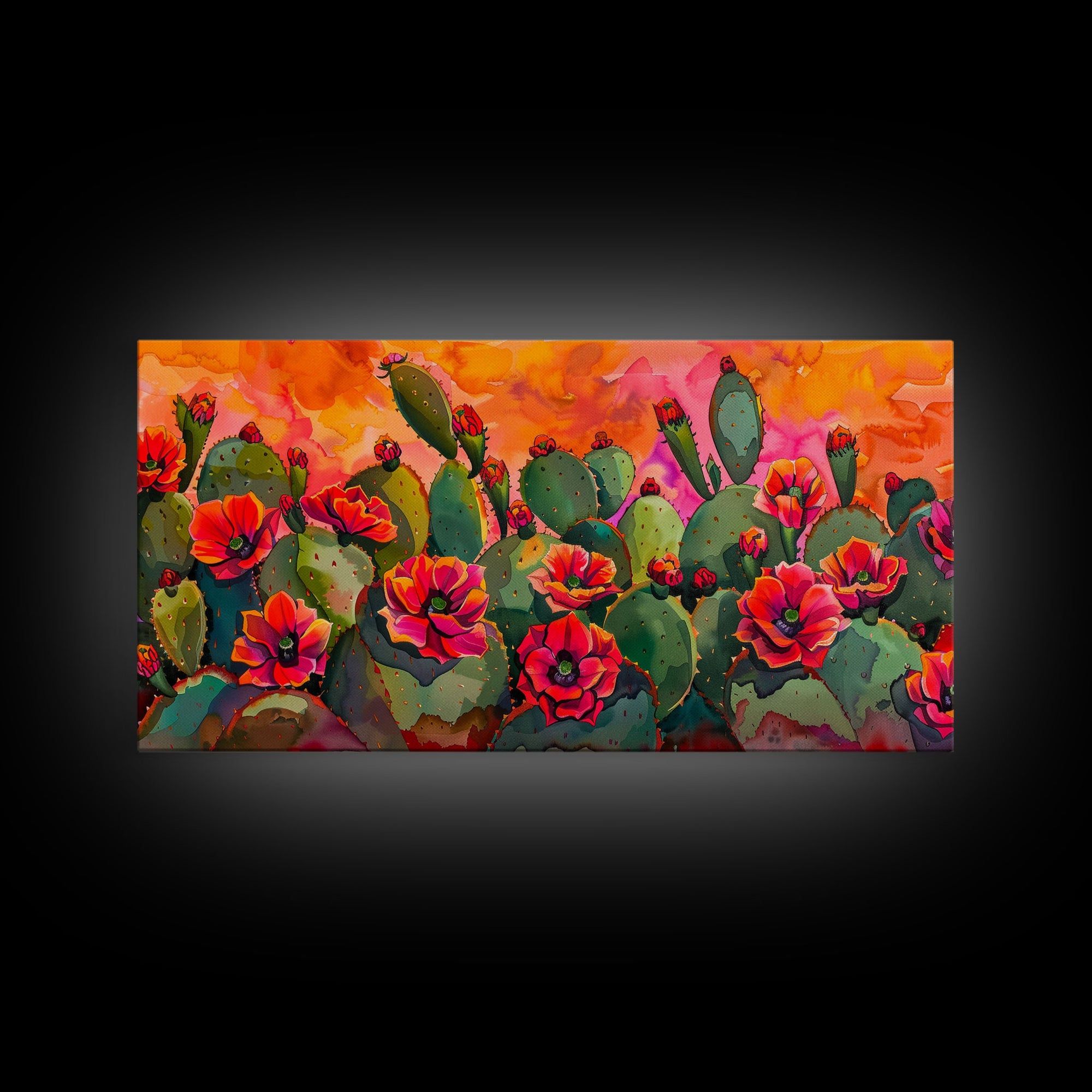 Lush desert landscape with blooming cacti at sunset, Framed Canvas Print, ideal for minimalist living room, wall art decor