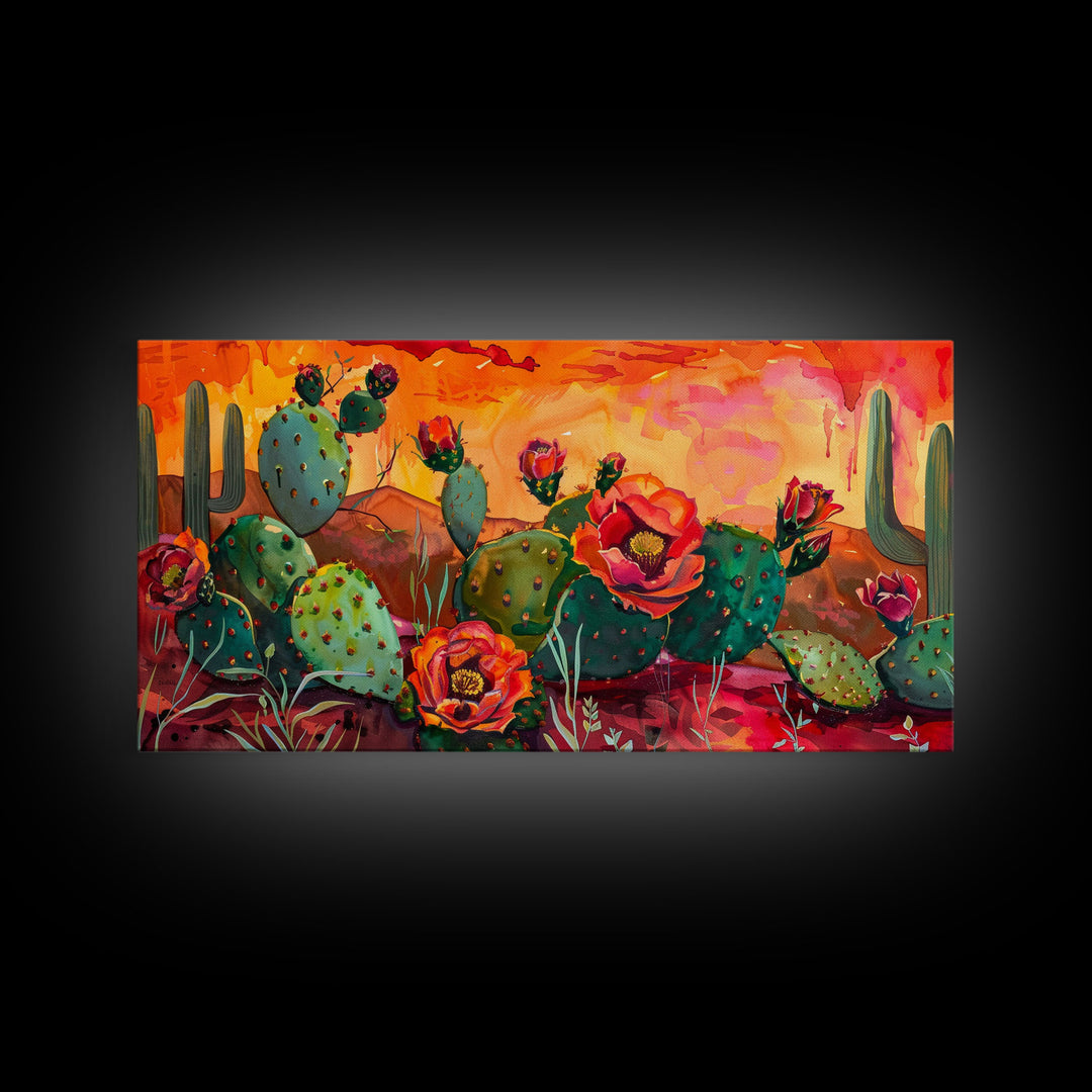 Prickly pear cacti with vibrant blooms in desert scene, Framed Canvas Print, great for modern living room, boho wall decor
