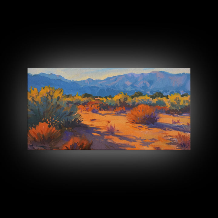Serene desert landscape with vibrant colors, Framed Canvas Print, perfect for boho living room, southwestern wall art decor