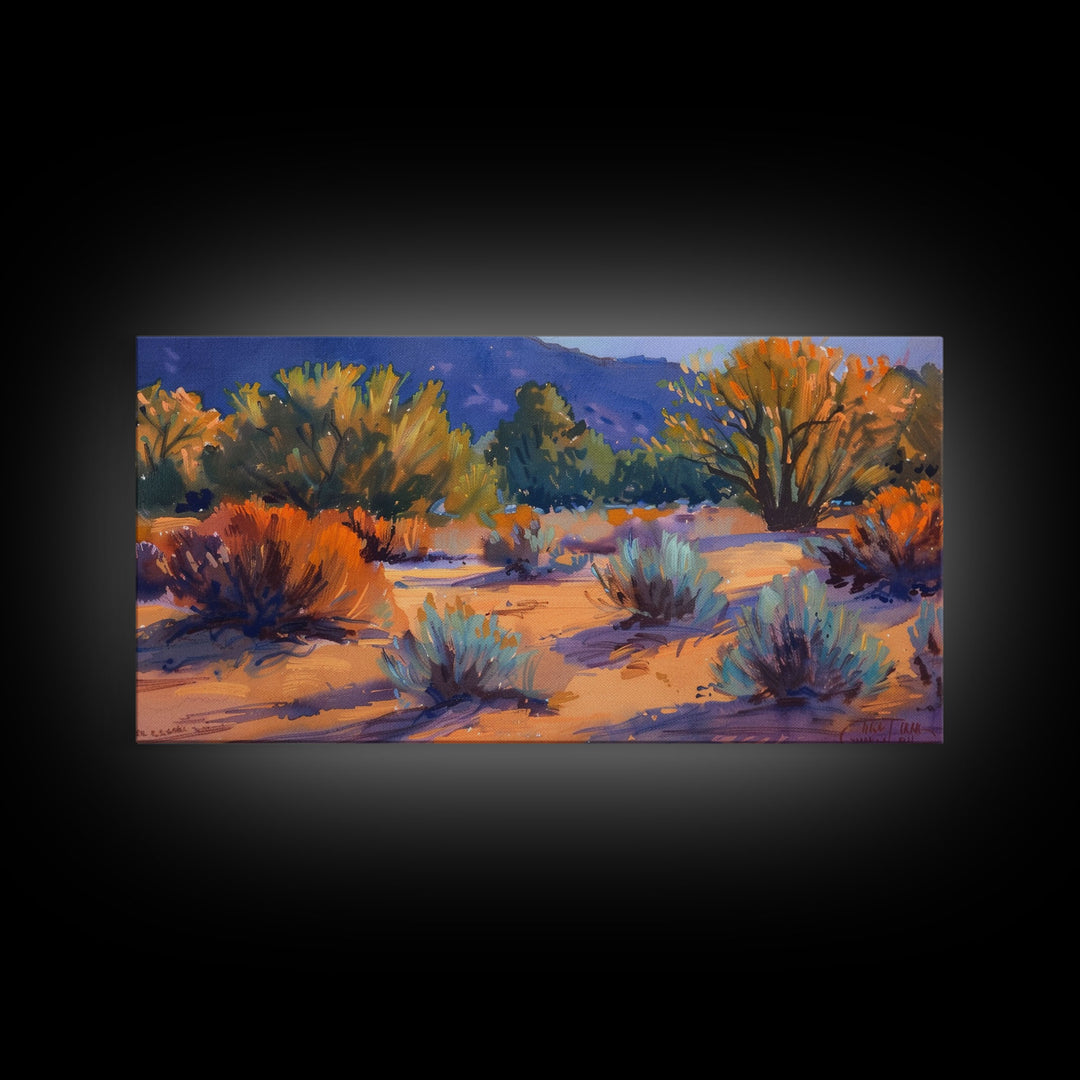 Colorful desert scene with distant mountains, Framed Canvas Print, ideal for minimalist living room, boho wall art decor