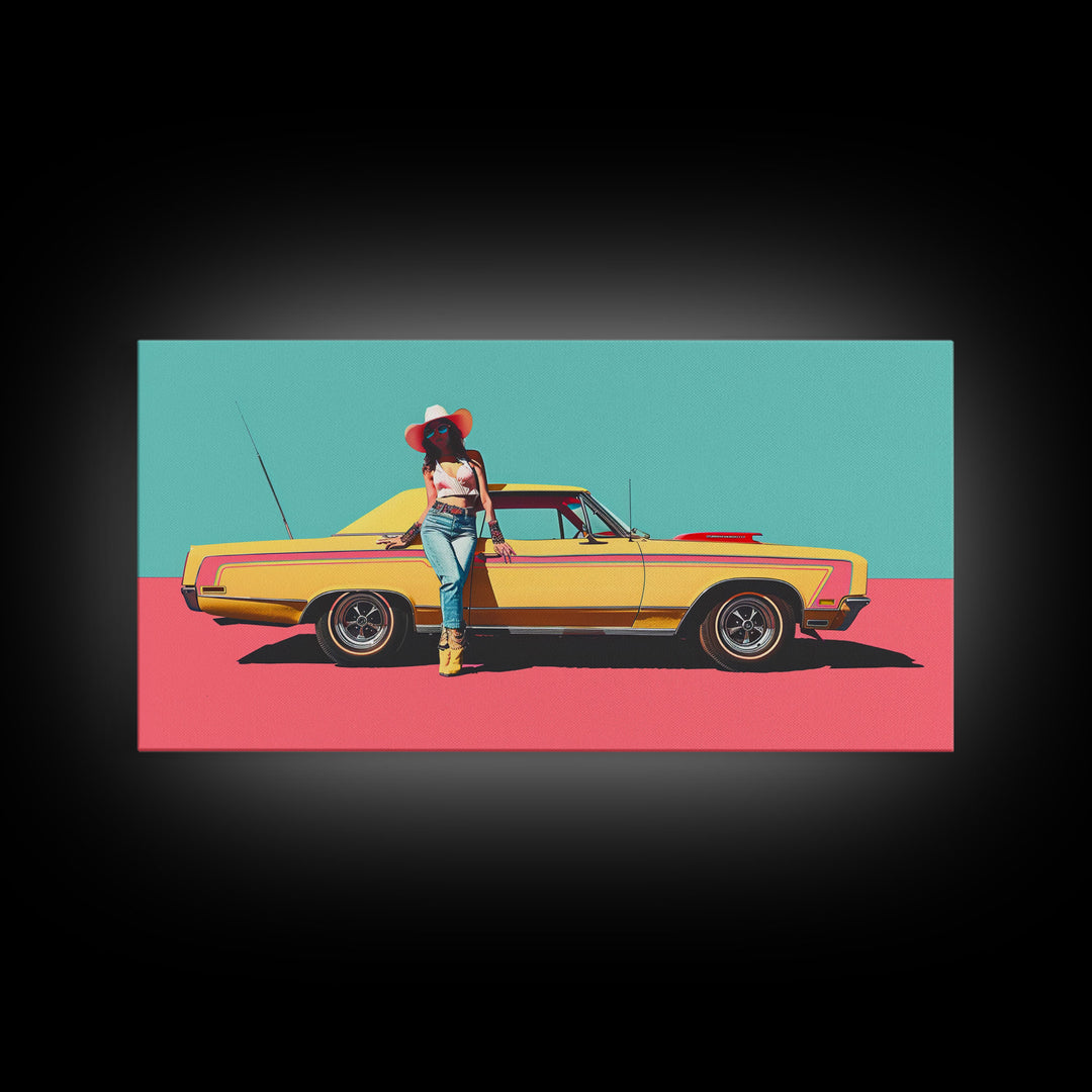 Bold Cowgirl Posing with Yellow Car, Pop Art Framed Canvas Print for Living Room, Ideal Bedroom Wall Art, Unique Home Decor