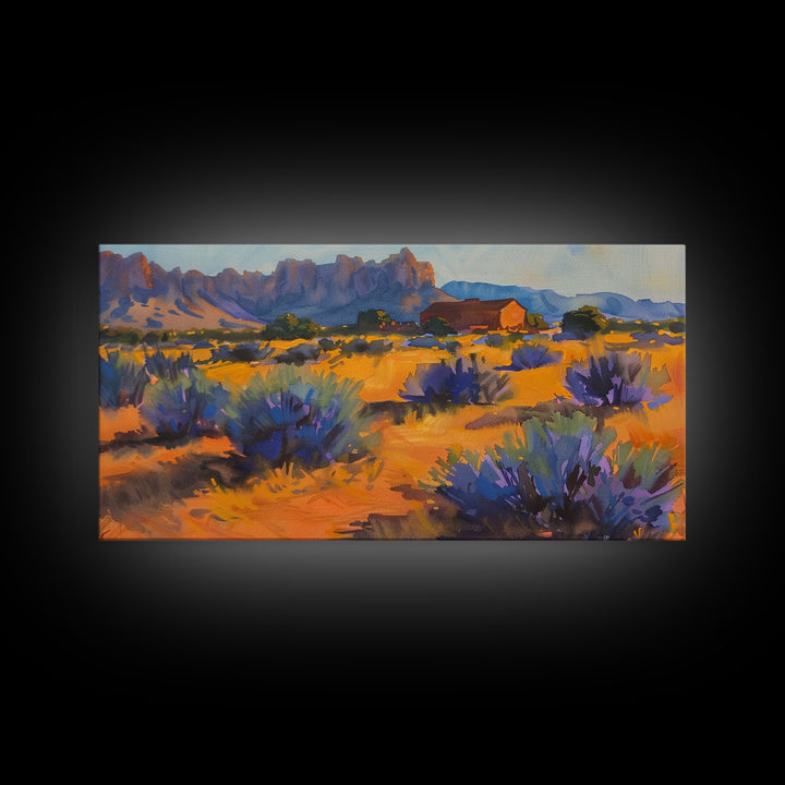 Rustic Barn in Desert Scene, Stunning Wall Art for Bedroom, Framed Canvas Print, Boho Style, Minimalist Home Decoration