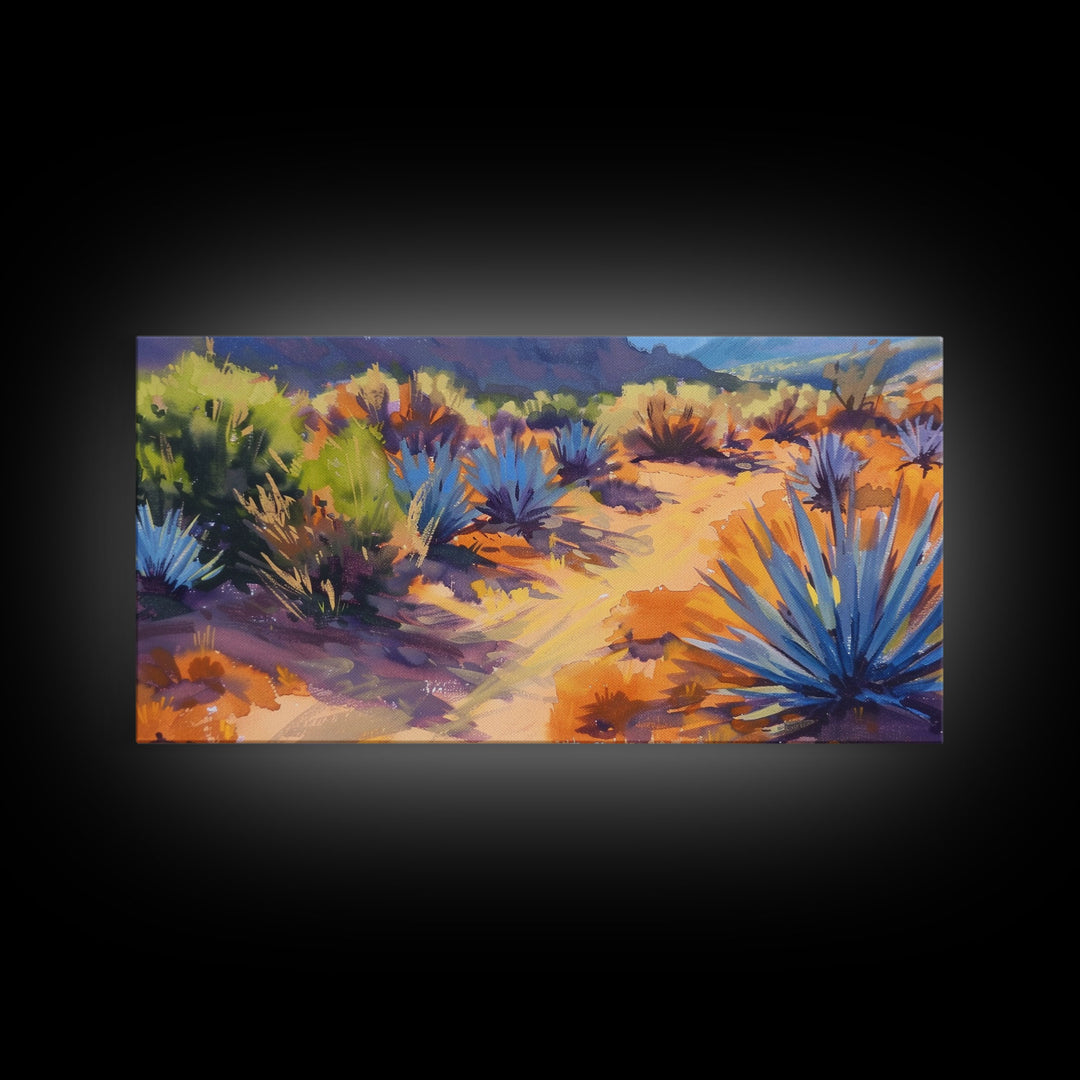 Desert Pathway with Vibrant Foliage, Perfect for Living Room Art, Framed Canvas Print, Bohemian Decor, Nature Inspired Wall Art