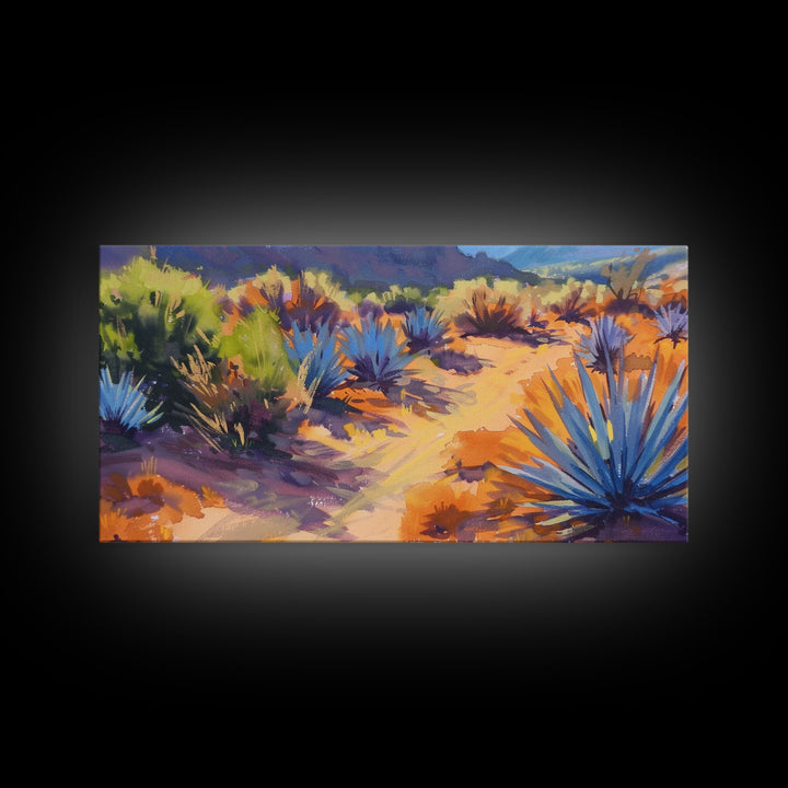 Desert Pathway with Vibrant Foliage, Perfect for Living Room Art, Framed Canvas Print, Bohemian Decor, Nature Inspired Wall Art