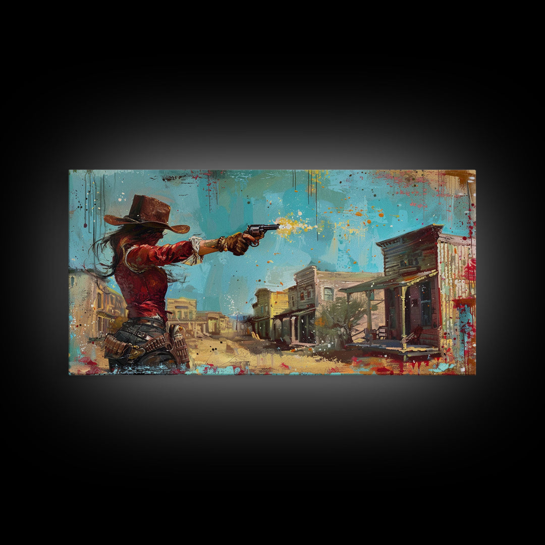 Framed Canvas Print Featuring Western Woman Shooting Revolver in Colorful Town, Ideal for Living Room Wall Art, Bedroom Decor