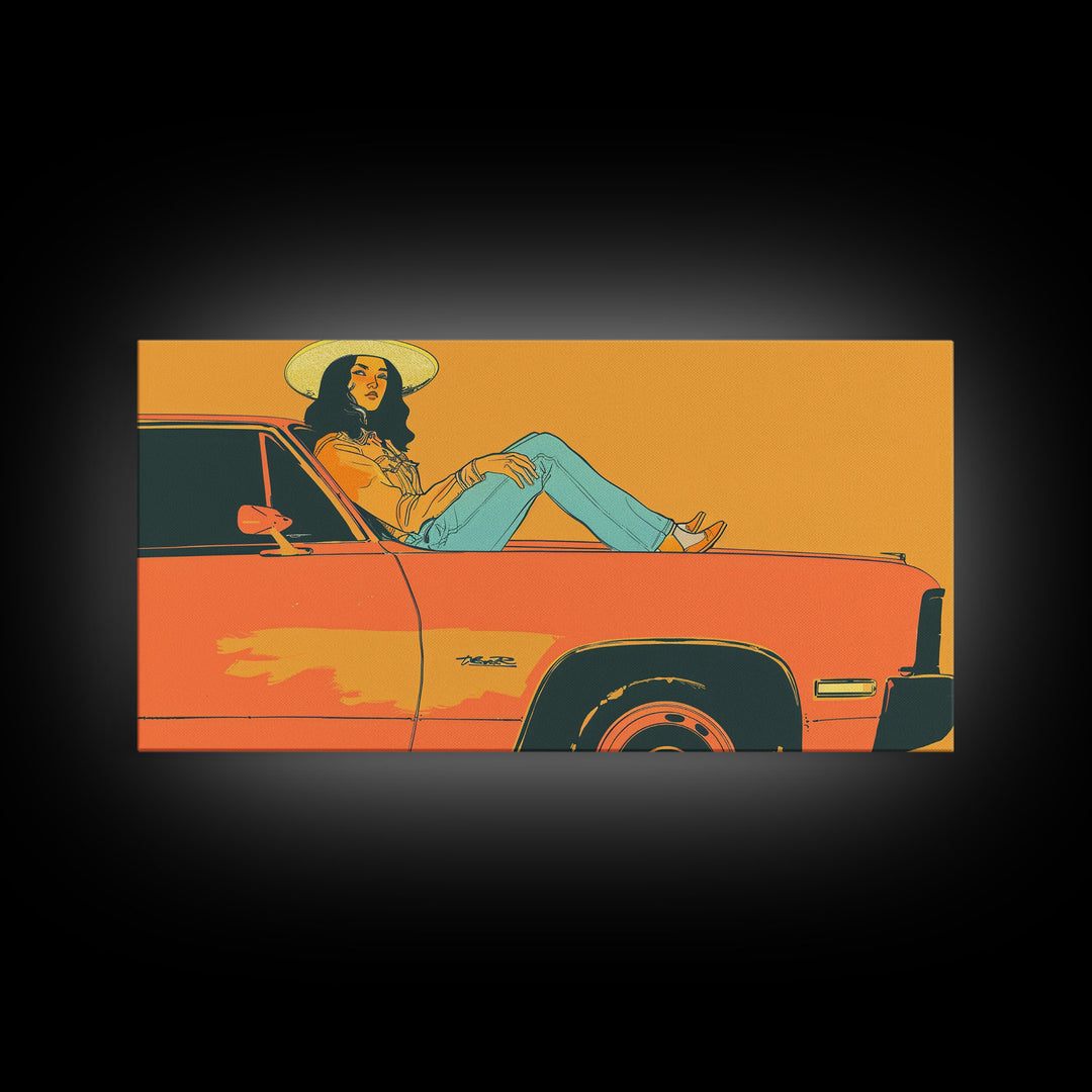 Relaxed Cowgirl Sitting on Car Hood, Retro Framed Canvas Print for Bedroom, Perfect Living Room Art, Vintage Wall Decor