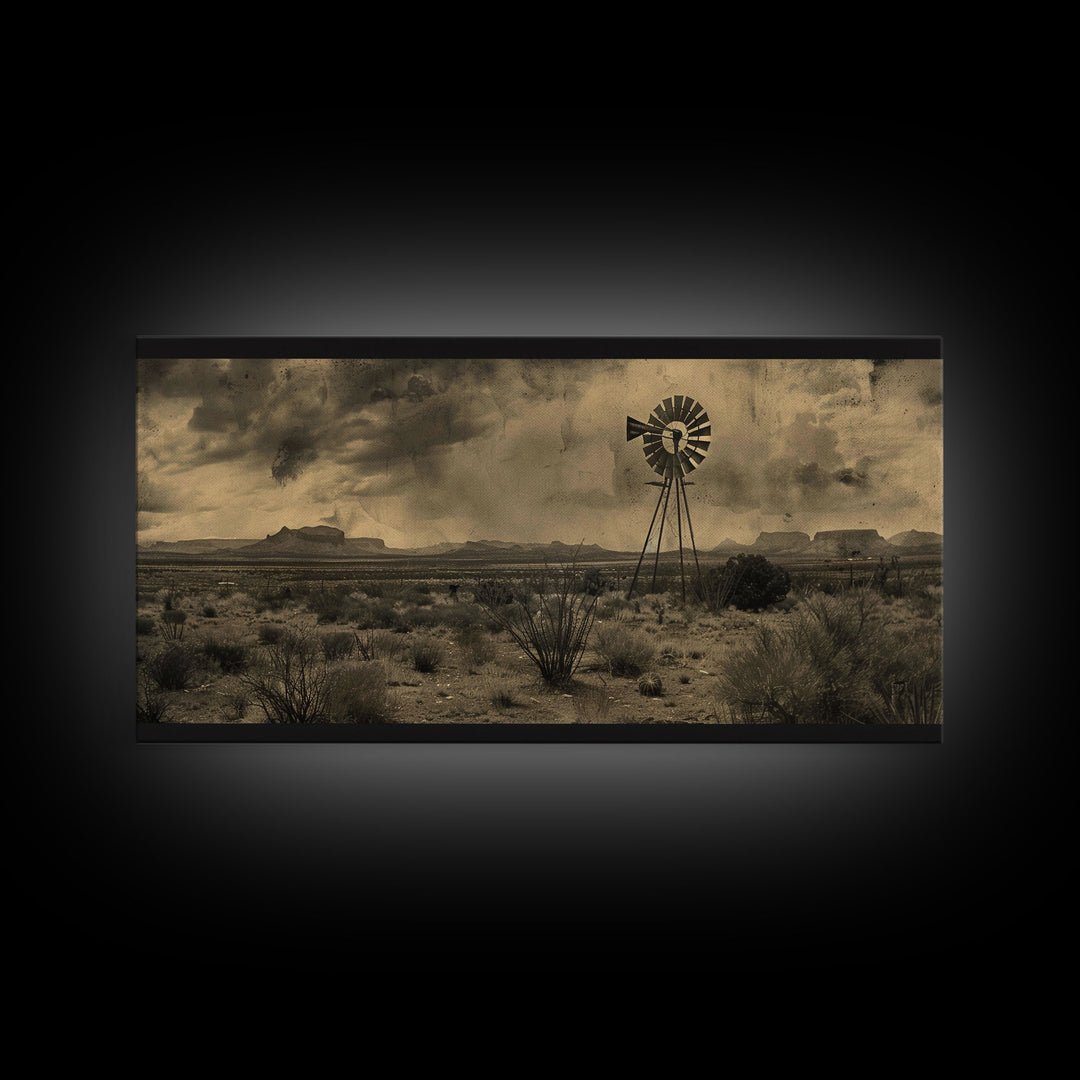 Rustic Windmill in Desert Landscape, Framed Canvas Print for Western Style Living Room, Perfect Bedroom Wall Art, Vintage Decor