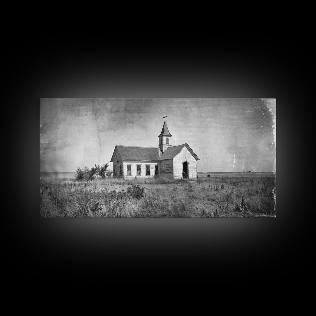 Vintage Country Church in Open Field, Framed Canvas Print for Living Room Decor, Perfect Bedroom Art, Rustic Western Wall Art