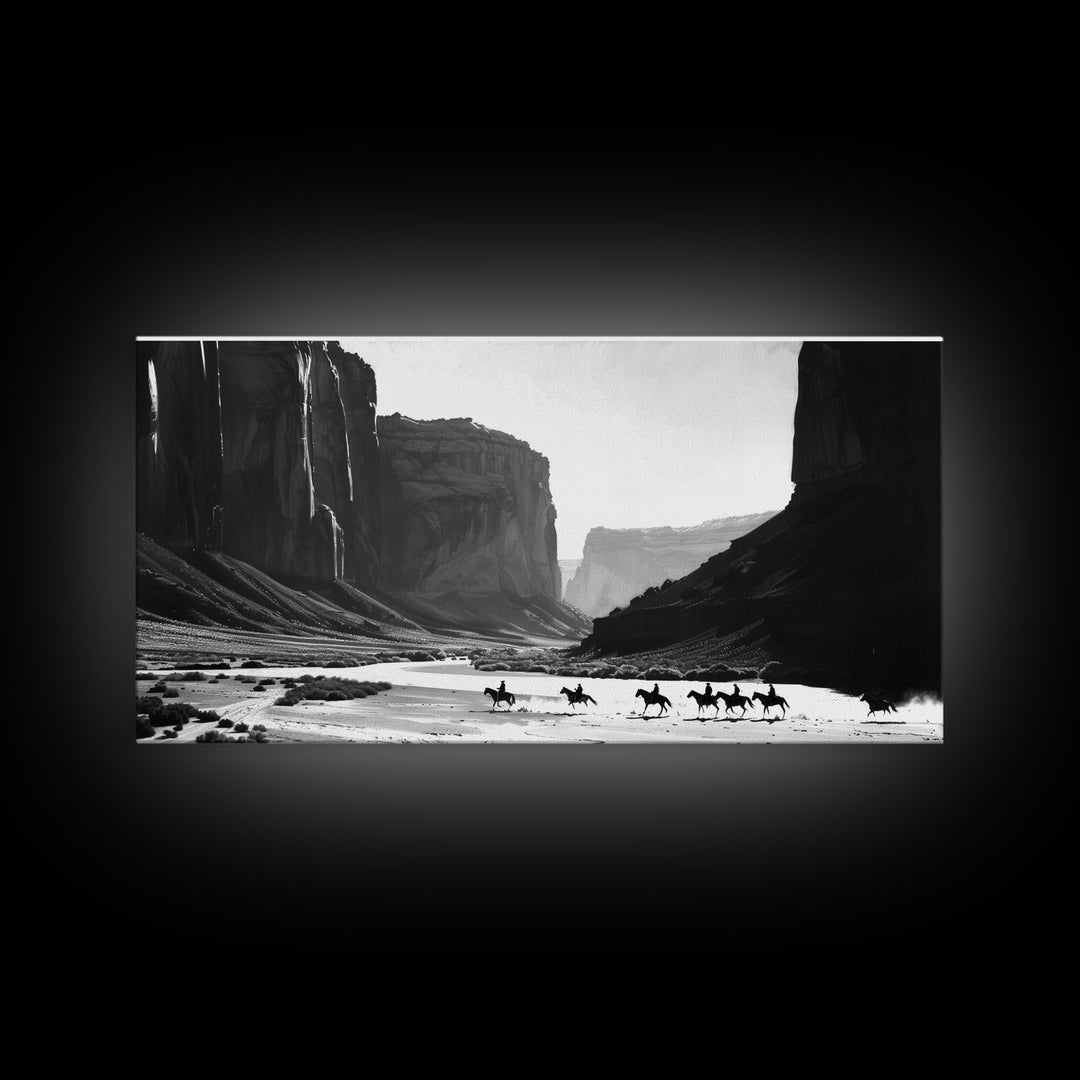 Framed Canvas Print of Cowboys Riding through Canyon, Western Wall Art for Living Room or Bedroom, Unique Home Decor