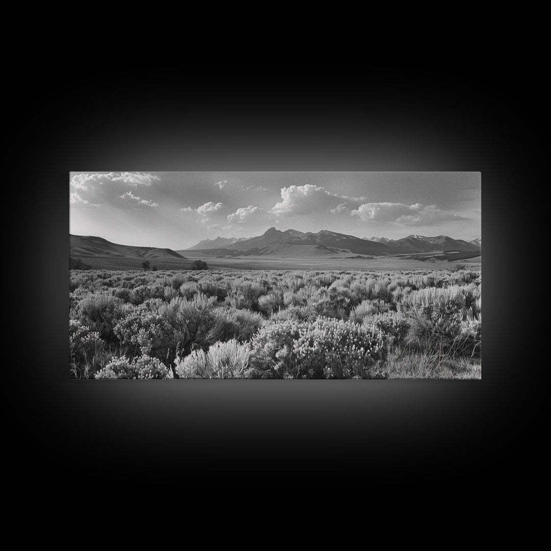 Mountain Range with Rolling Hills and Sagebrush, Framed Canvas Print Farmhouse Living Room Wall Art, Rustic Home Decor, Scenic Landscape Art