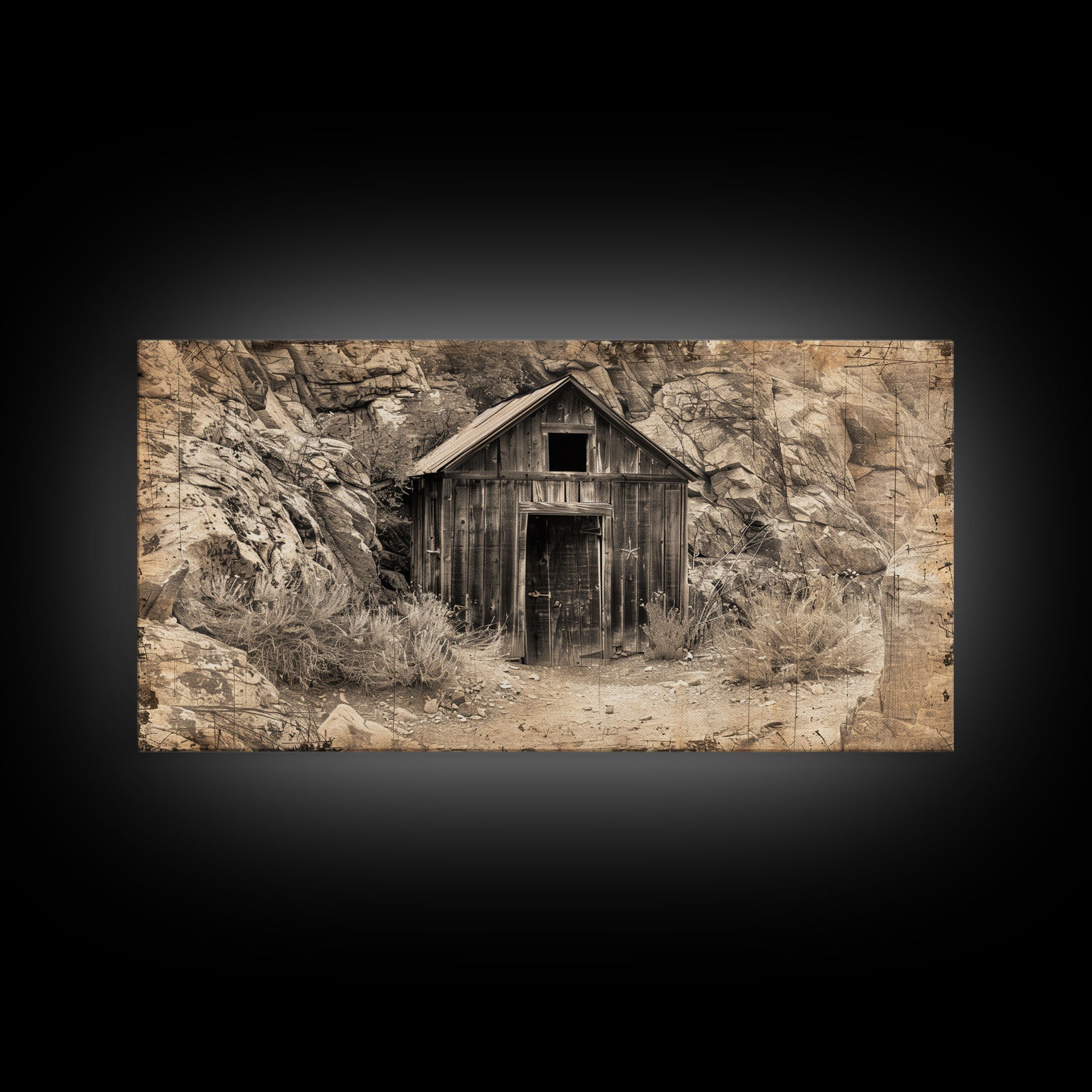 Old Wooden Shack in Rocky Terrain, Farmhouse Style Framed Canvas Print for Bedroom Art, Historical Home Decoration, Rustic Wall Art Piece