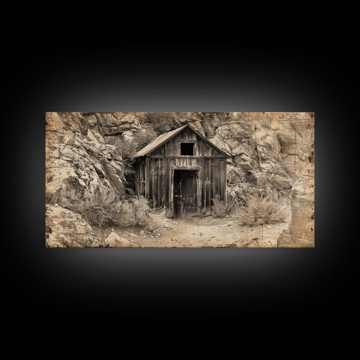 Old Wooden Shack in Rocky Terrain, Farmhouse Style Framed Canvas Print for Bedroom Art, Historical Home Decoration, Rustic Wall Art Piece