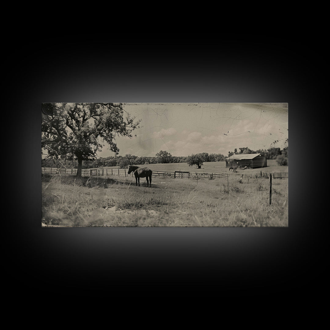 Horse Grazing in Pasture by Farmhouse, Antique Style Framed Canvas Print Country Living Room Decor, Rustic Farmhouse Wall Art, Nature Scene