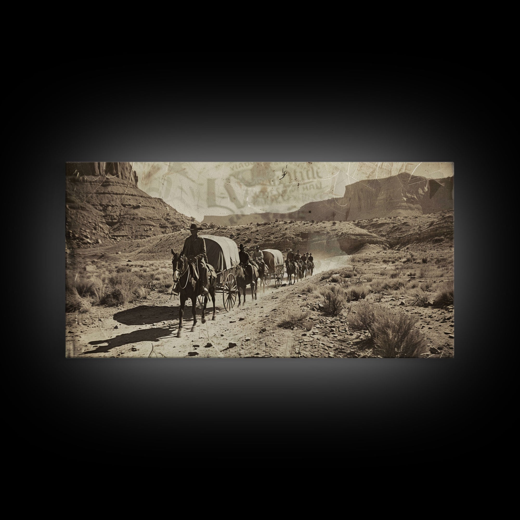 Western Wagon Trail through Desert Canyon, Framed Canvas Print for Farmhouse Living Room Wall Art, Vintage Home Decor, Rustic Scene
