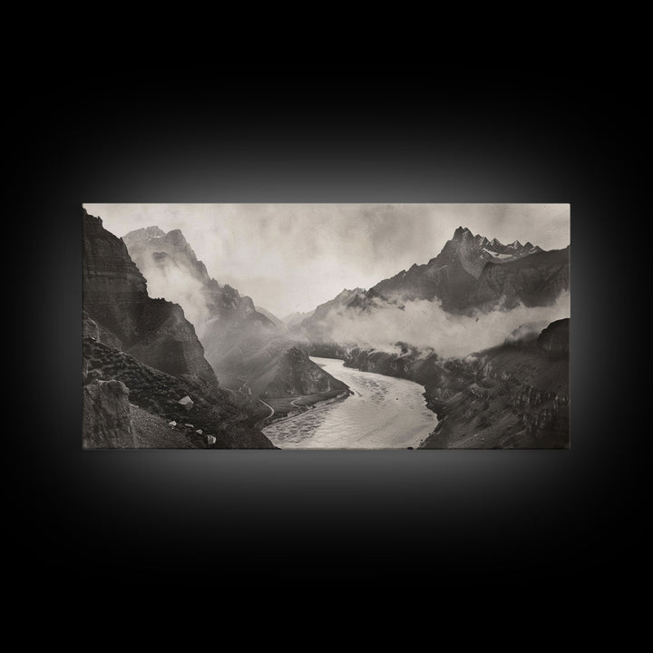 River Flowing through Mountain Valley, Black and White Framed Canvas Print for Farmhouse Bedroom Wall Art, Home Decoration, Scenic Nature