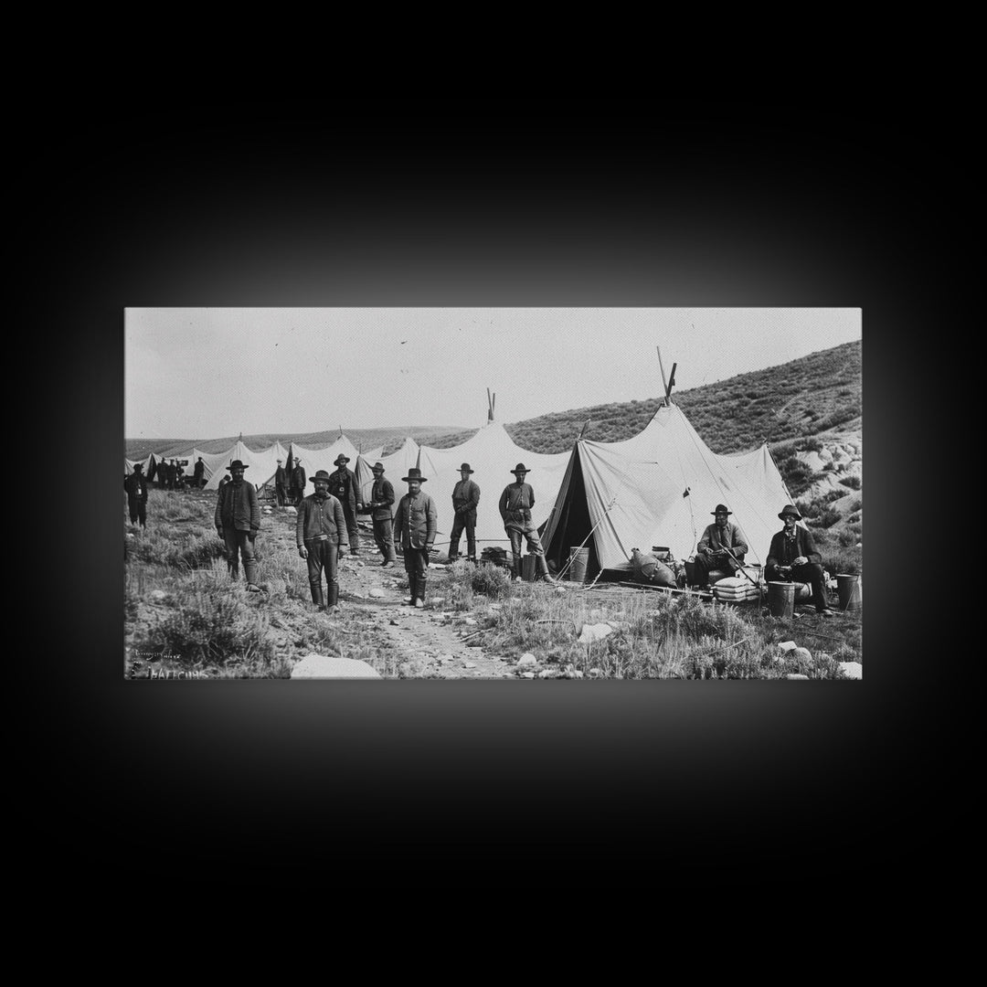 Military Camp with Tents and Soldiers, Farmhouse Style Framed Canvas Print for Historical Home Decor, Living Room Wall Art, Vintage Scene