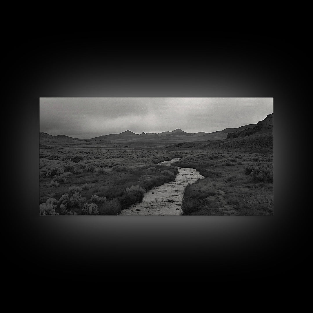 River and Rolling Hills Under Cloudy Sky, Black and White Framed Canvas Print Rustic Farmhouse Living Room Decor, Landscape Art, Home Decor