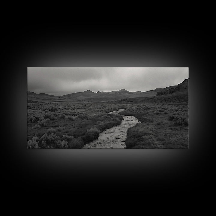 River and Rolling Hills Under Cloudy Sky, Black and White Framed Canvas Print Rustic Farmhouse Living Room Decor, Landscape Art, Home Decor
