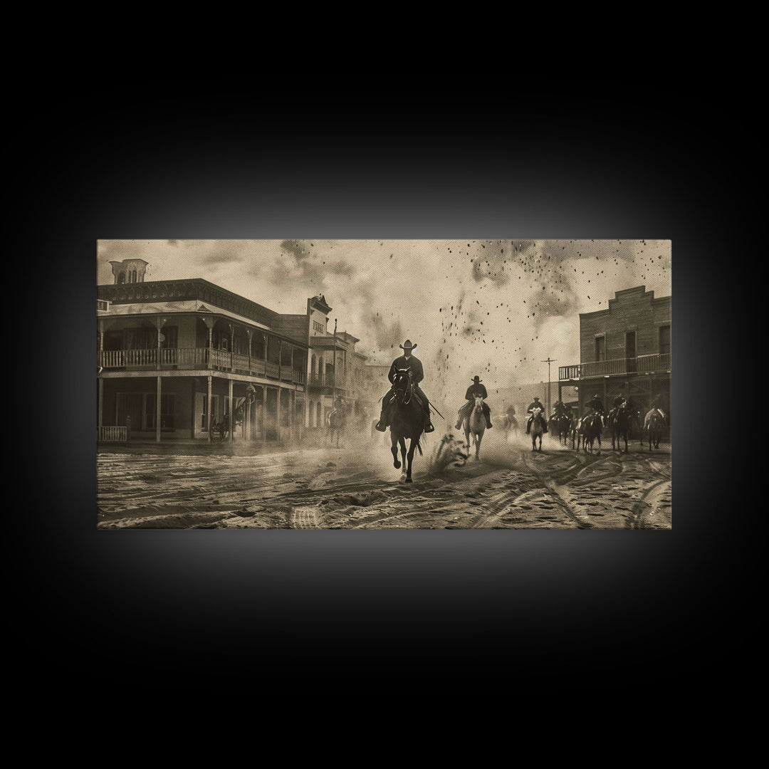 Cowboys Riding into Town, Vintage Framed Canvas Print Farmhouse Living Room Wall Art, Rustic Home Decor, Western Scene, Historical Art Piece