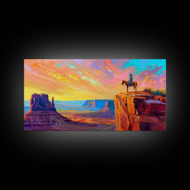 Cowboy with Horse on Cliff Edge, Farmhouse Style Framed Canvas Print for Living Room Wall Art, Vibrant Home Decor, Western Scenic Art