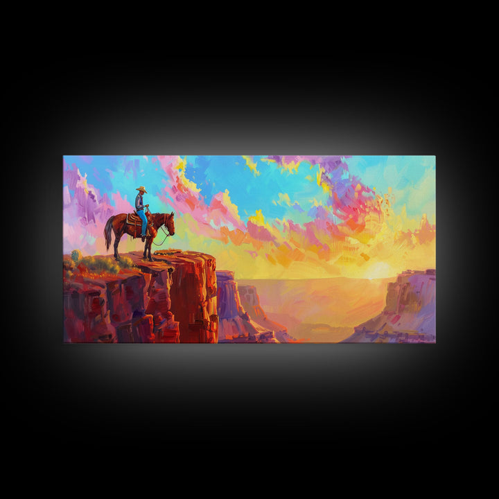 Cowboy on Horse Under Vibrant Sky, Farmhouse Style Framed Canvas Print for Bedroom Wall Art, Rustic Home Decor, Western Scenic Art