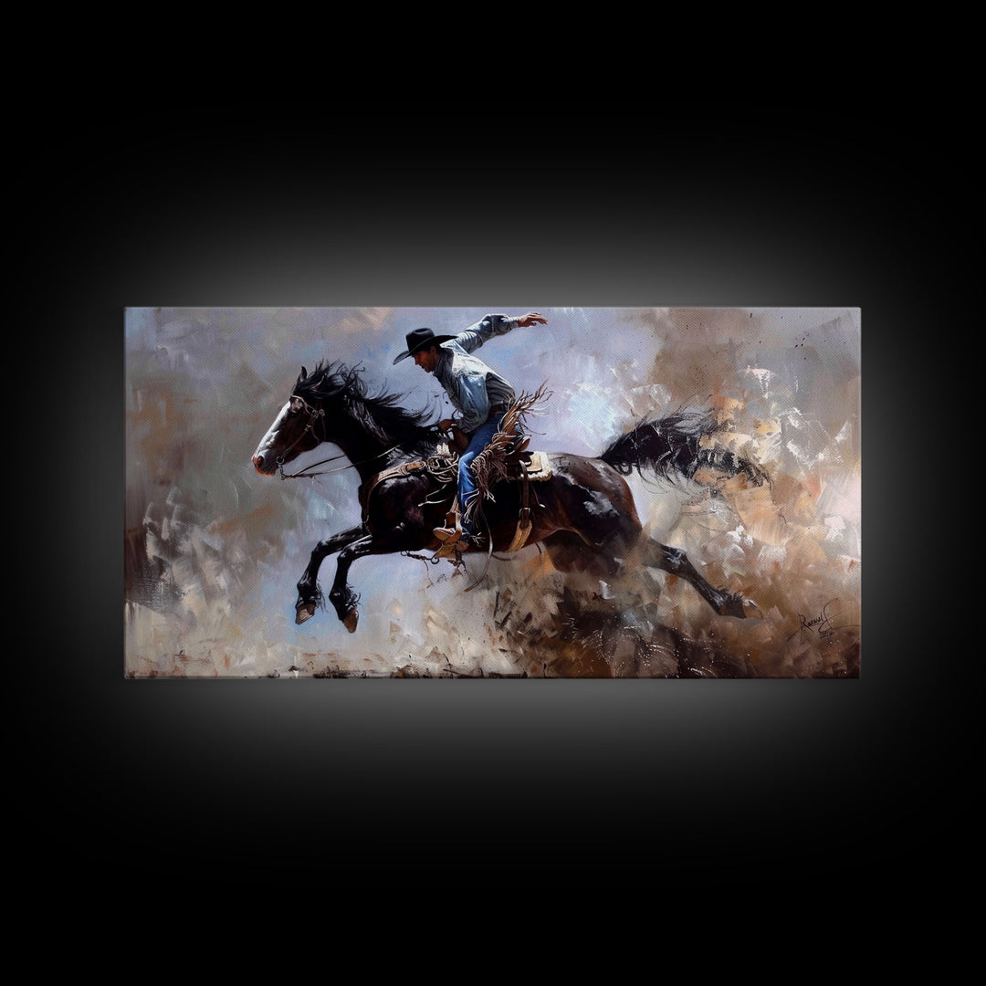 Colorful Cowboy Riding Horse in Dust, Farmhouse Style Framed Canvas Print for Living Room Wall Art, Vibrant Home Decor, Western Action Art
