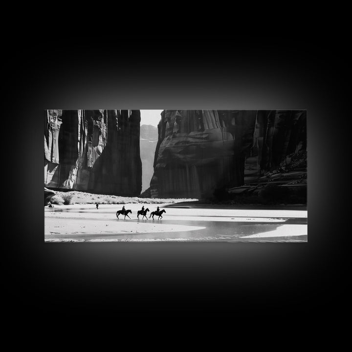 Cowboys Riding in Dusty Canyon, Striking Wall Art for Living Room or Bedroom, Framed Canvas Print, Home Decoration