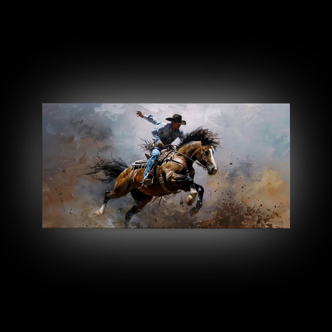 Colorful Rodeo Rider in Action on Framed Canvas Print, Perfect for Rustic Living Room Art, Western Bedroom Decor, Cowboy Wall Art