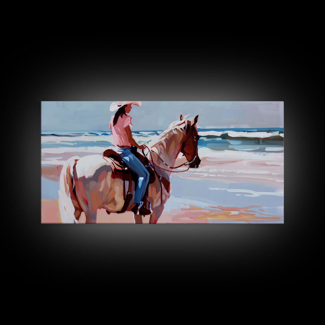 Horseback Riding by the Sea, Calm Framed Canvas Print, Perfect for Coastal Living Room Art, Beach Bedroom Decor, Equestrian Wall Art