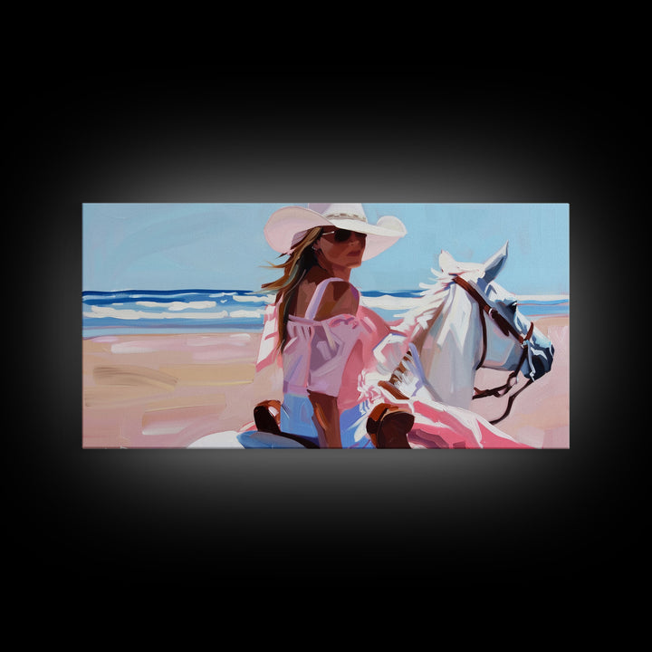 Elegant Cowgirl on Horse by the Shore, Beautiful Framed Canvas Print, Ideal for Coastal Living Room Art, Beach Bedroom Decor, Horse Wall Art