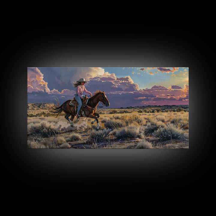 Cowgirl Galloping Across Desert Landscape, Vibrant Framed Canvas Print, Perfect for Living Room Art, Western Bedroom Decor, Desert Wall Art