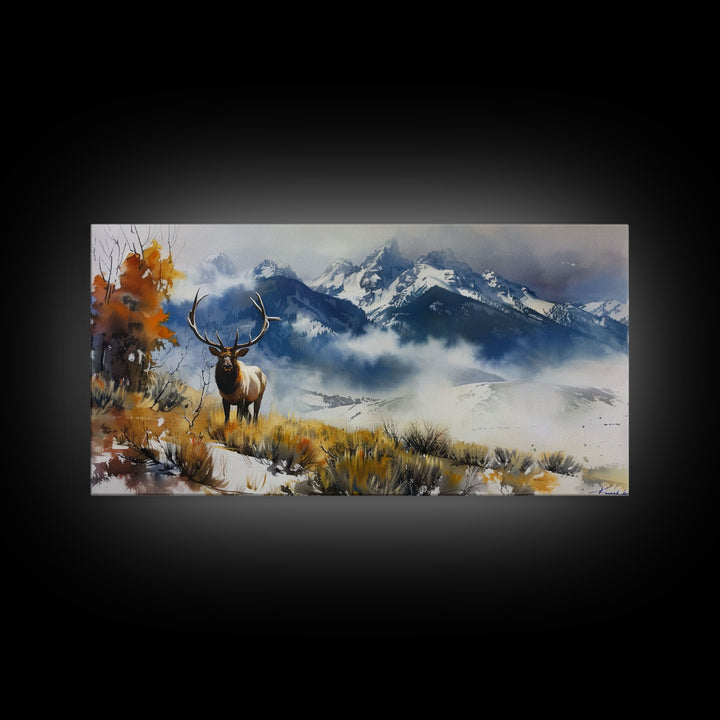 Majestic Elk in Mountain Landscape with Fall Foliage, Stunning Framed Canvas Print, Living Room Art, Rustic Bedroom Decor, Wall Art