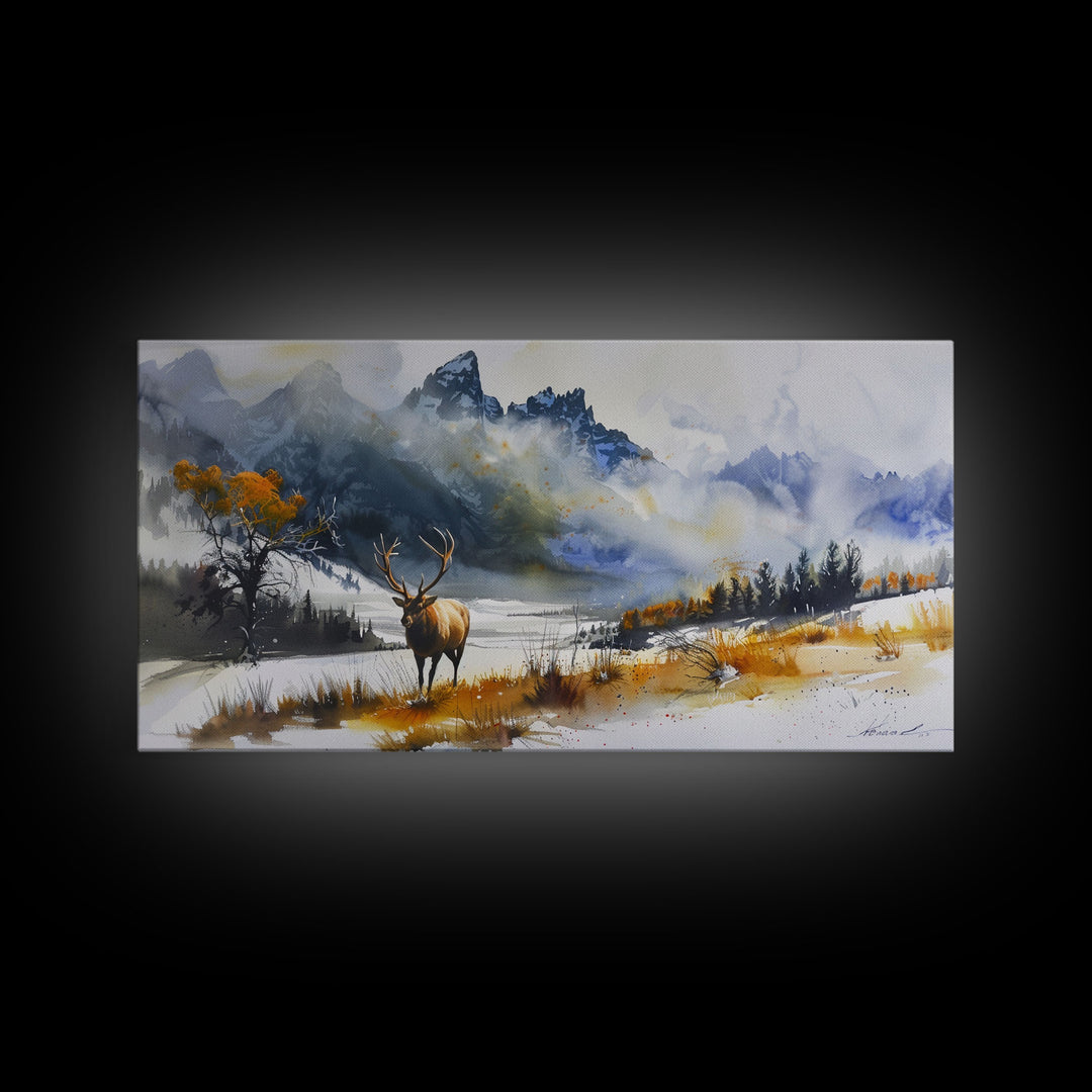 Majestic Elk in Snowy Mountain Scene, Beautiful Framed Canvas Print,for Living Room Art Rustic Bedroom Decor Nature Wall Art, Wildlife Scene