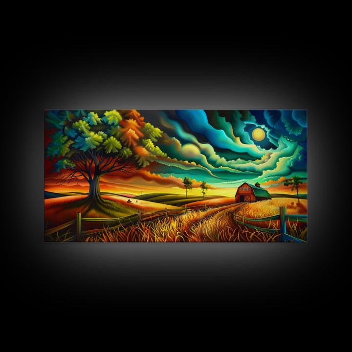 Vivid Abstract Farm Landscape with Dramatic Sky, Perfect Wall Art, Framed Canvas Print for Living Room or Bedroom Decor, Colorful Nature Art