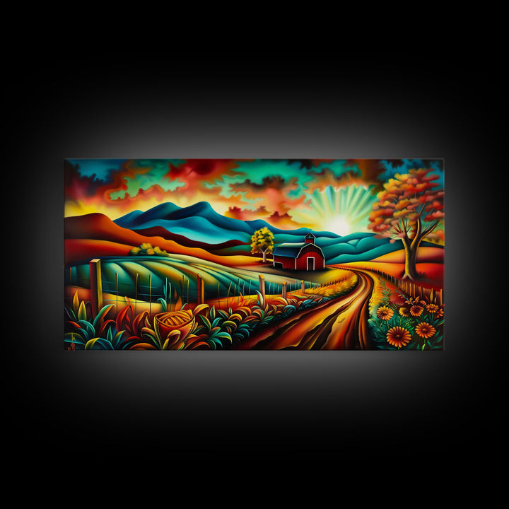 Colorful Farm Scene with Sunrise Over Mountains, Perfect Wall Art, Framed Canvas Print for Living Room or Bedroom Decor, Vibrant Nature Art