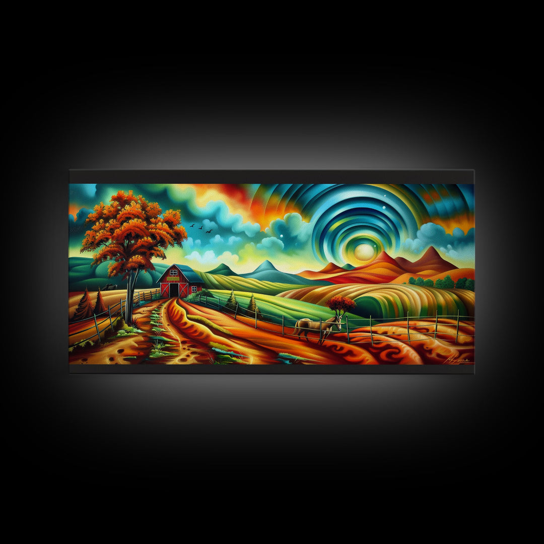 Colorful Abstract Farm Landscape with Rolling Hills, Perfect Wall Art, Framed Canvas Print Living Room or Bedroom Decor, Vibrant Nature Art