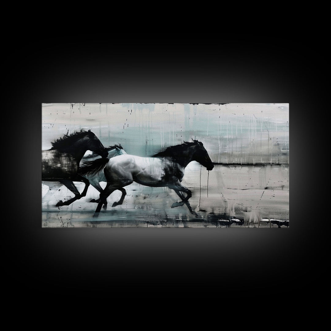 Colorful Abstract Horses Running, Black and White Wall Art, Framed Canvas Print for Living Room or Bedroom Decor, Equestrian Art