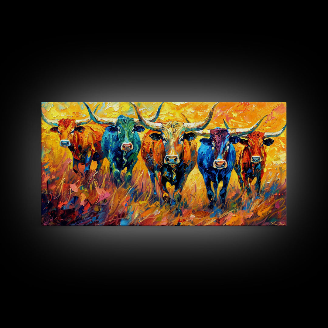 Colorful Herd of Cattle, Ideal for Living Room Art, Framed Canvas Print, Bedroom Decor, Home Decoration, Rustic Farmhouse Art