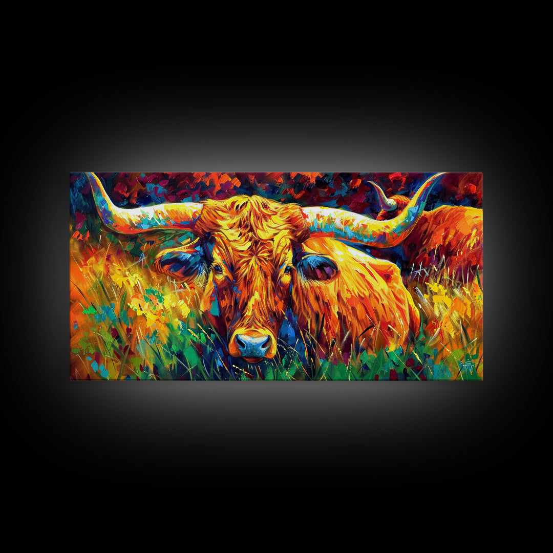Herd of Cattle in Bright Colors, Ideal for Living Room Art, Framed Canvas Print, Bedroom Decor, Home Decoration, Contemporary Farmhouse Art