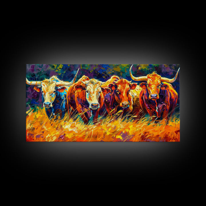 Bold and Colorful Bull Portrait, Perfect for Living Room Art, Framed Canvas Print, Bedroom Decor, Home Decoration, Vibrant Animal Art