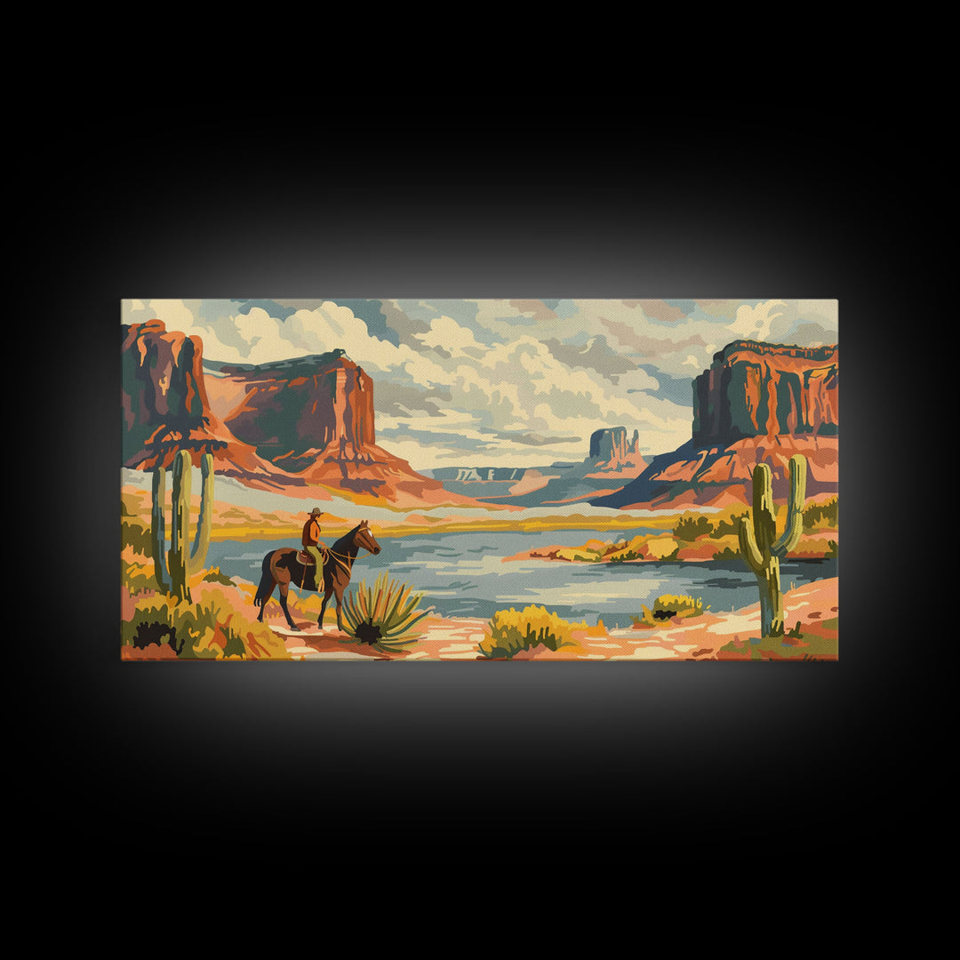 Cowboy in Monument Valley Landscape, Framed Canvas Print for Rustic Living Room Decor, Western Art for Bedroom and Home Decoration