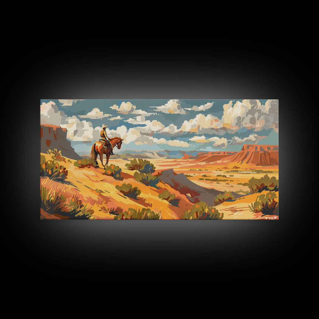 Horseback Rider in Desert Landscape, Perfect for Living Room Art, Framed Canvas Print, Western Wall Art, Home and Bedroom Decor