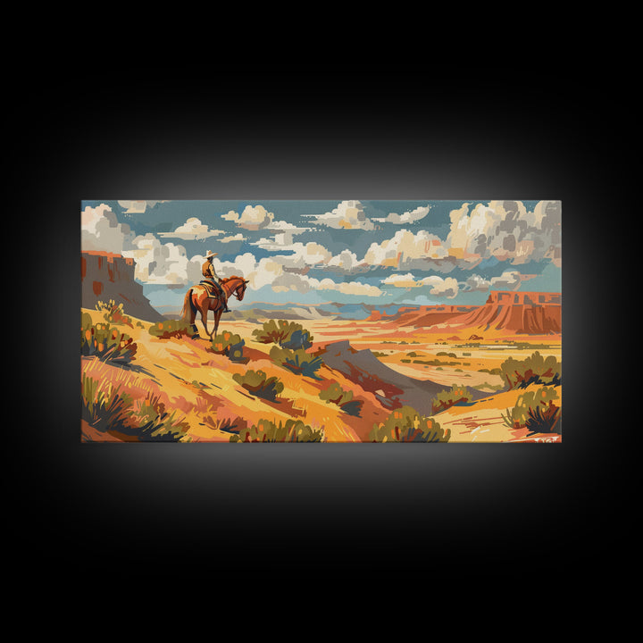 Horseback Rider in Desert Landscape, Perfect for Living Room Art, Framed Canvas Print, Western Wall Art, Home and Bedroom Decor
