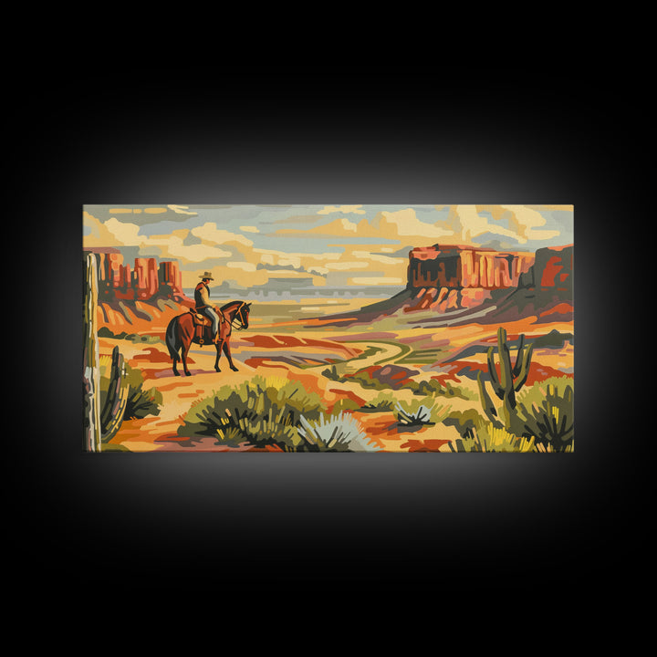 Cowboy Overlooking Desert Canyon, Framed Canvas Print for Rustic Living Room Decor, Western Wall Art, Home and Bedroom Decoration