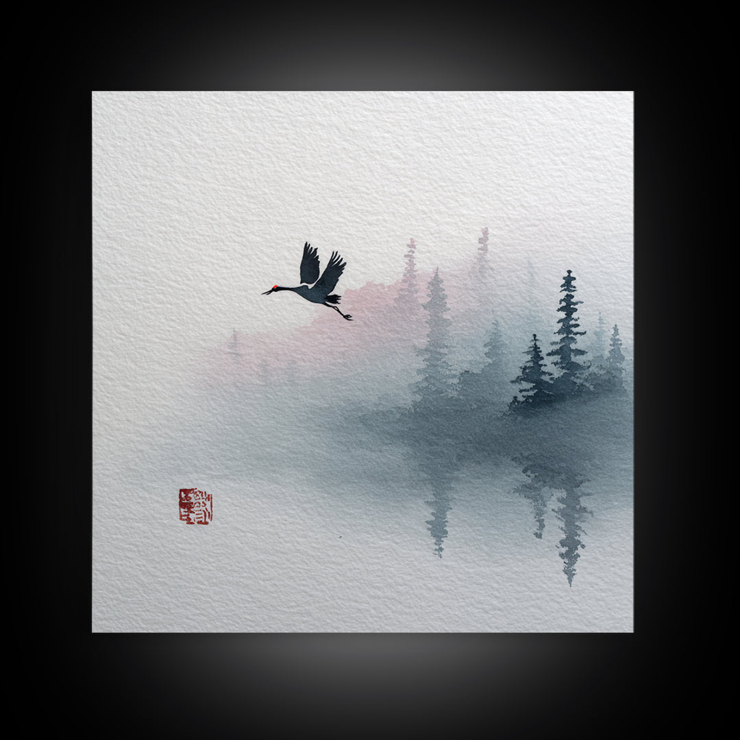Monochrome Ink Crane Composition Framed Canvas Print, Wall Art, Abstract Art, Living Room Decor, Watercolor Art, WAL-1x1-24