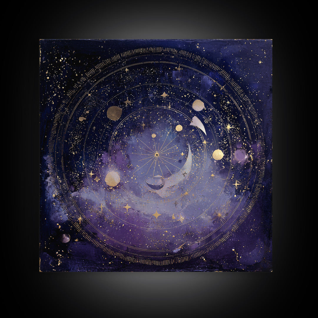 Celestial Moon and Stars Artwork Framed Canvas Print, Wall Art, Gallery Decor, Living Room Decor, Fine Art, Home Decor, WAL-1x1-38